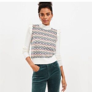 Loft Women's Geo Jacquard Ruffle Mock Neck Medium Cream Long Sleeves Cottagecore